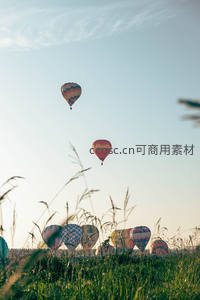 晨曦草地上升腾的热气球群，色彩斑斓点缀绿野