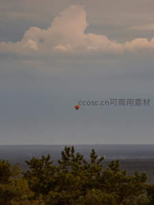 远方热气球穿越云海，松林剪影勾勒壮阔地平线