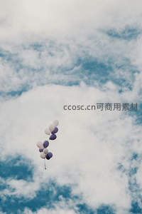 紫白气球群飘浮云海间，轻盈梦幻如童话场景