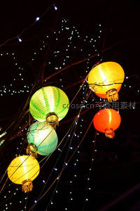 树枝间悬挂彩纸灯笼与串灯，冬夜街景温暖而静谧