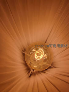 仰视视角下复古灯泡嵌于褶皱灯罩中央，暖黄光芒辐射扩散