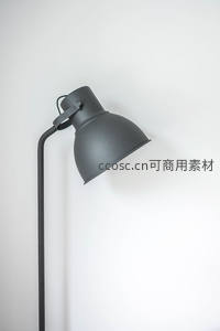 哑光黑金属落地灯侧影，简洁线条与纯白背景形成强烈对比，极简美学典范