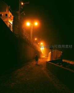 雾夜街灯下孤独行人剪影，橙黄光晕笼罩废弃堤岸小径