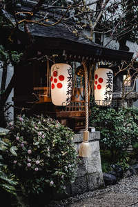 白太夫神社前纸灯笼与绿植相映，春日庭院清幽雅致