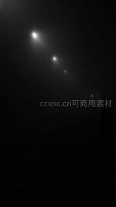 浓雾夜路中串灯若隐若现，远处人影朦胧，神秘静谧黑白影像