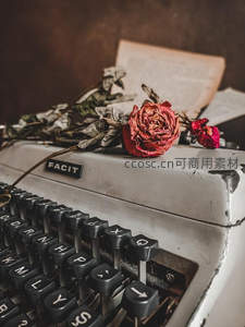 枯萎红玫瑰静卧FACIT打字机，泛黄纸页旁诉说逝去时光